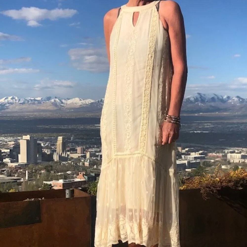 Sundance Adara Halter Dress 6 | Cream Cupro Embroidered Eyelet Flounce Midi - Picture 2 of 10